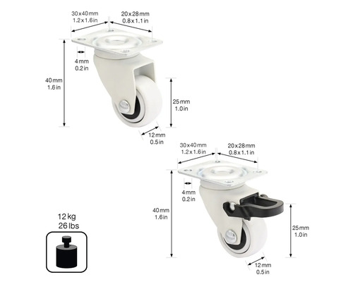 Ritning av två länkhjul med bromsar och måttangivelser