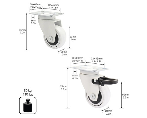 Två svängbara hjul med dimensioner