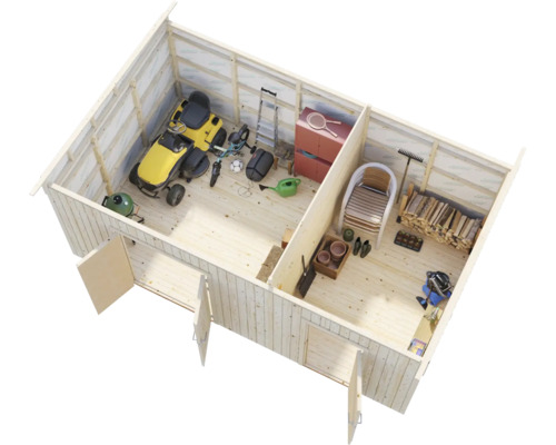 Översikt över ett trädgårdshus i trä med trädgårdsredskap, gräsklippare och ved