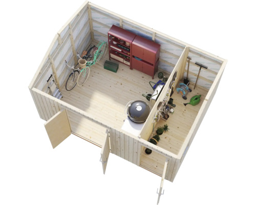 Toppvy av ett trädgårdsskjul med cyklar, hyllor och trädgårdsredskap.