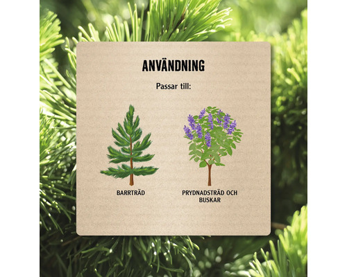 Illustration med bruksanvisning för barrträd, prydnadsträd och buskar