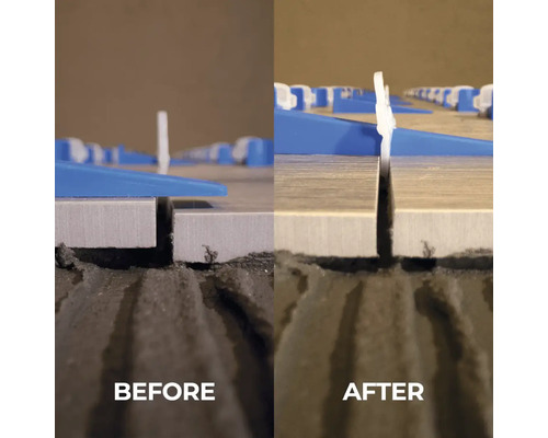 Före-efter-vy av appliceringen av ett nivelleringssystem för kakel