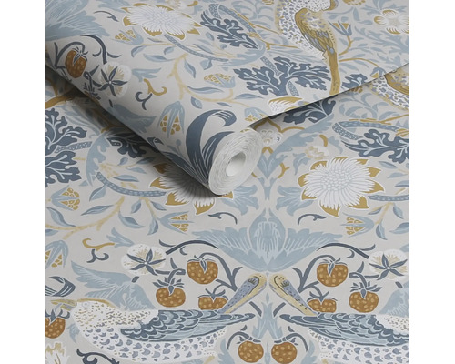 Tapet med fågel-, blom- och jordgubbsmönster