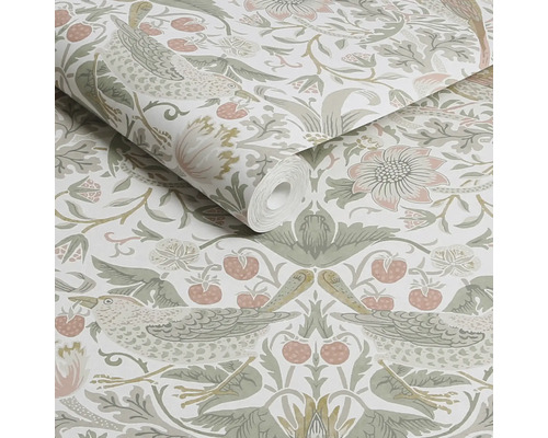 Tapetrulle med blommönster, fågelmönster och jordgubbsmönster