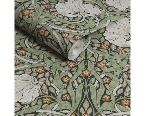 Tapetrulle med blommönster i gröna och beige toner