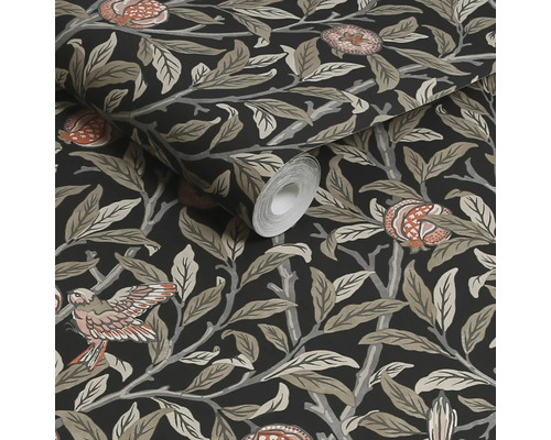 Tapetrulle med blad-, fågel- och blomdesign mot mörk bakgrund