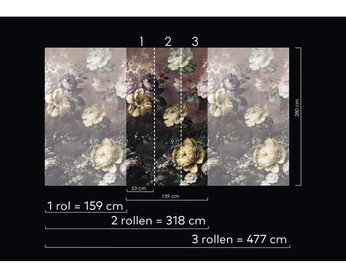 Fototapet med blommönster och storleksinformation.