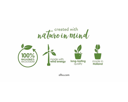 100 procent återvunnen och återvinningsbar symbol, tillverkad med vindkraftsymbol, symbol för långvarig kvalitet, tillverkad i Holland-symbol