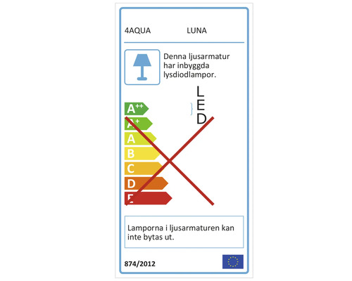 Energimärkning för en armatur med inbyggda LED-lampor som inte kan bytas ut.