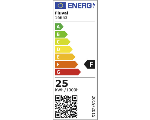 Fluval energimärkning F, 25 kilowattimmar per 1000 timmar