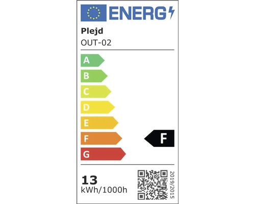 Plejd energietikett OUT-02, energieffektivitetsklass F, energiförbrukning 13 kWh per 1000 timmar