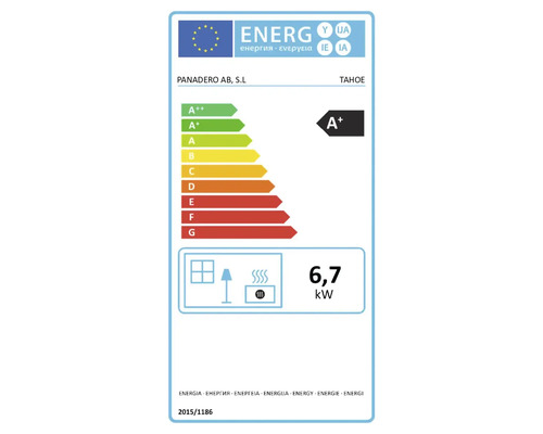 Energimärkning för Panadero AB, S.L Tahoe med energieffektivitetsklass A+ och en energiförbrukning på 6,7 kilowatt.