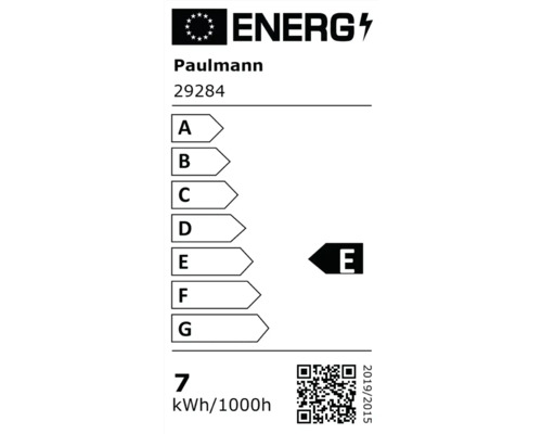 EU-energimärkning för Paulmann 29284, energieffektivitetsklass E, energiförbrukning 7 kWh per 1000 timmar.