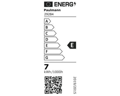 Energimärkning för Paulmann 29284, energieffektivitetsklass E, 7 kilowattimmar per 1000 timmar.