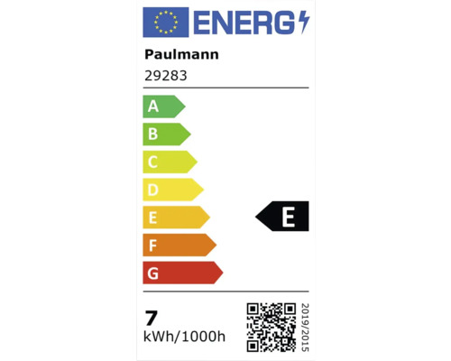 Europeisk energimärkning för Paulmann 29283, energieffektivitetsklass E på en skala från A till G, förbrukning 7 kilowattimmar per 1000 timmar.