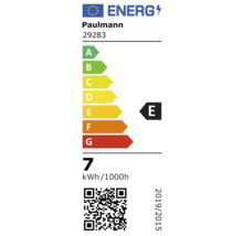 EU-energimärkning för Paulmann 29283 med energieffektivitetsklass E och en förbrukning på 7 kilowattimmar per 1000 timmar.