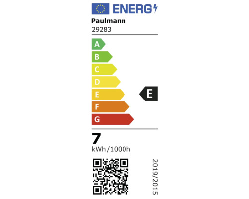 EU-energimärkning för Paulmann 29283 med energieffektivitetsklass E och en förbrukning på 7 kilowattimmar per 1000 timmar.