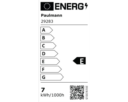 Europeiska unionens energimärkning för Paulmann 29283, energieffektivitetsklass E, energiförbrukning 7 kilowattimmar per 1000 timmar.