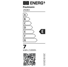 EU-energimärkning för Paulmann 29283, energieffektivitetsklass E, energiförbrukning 7 kilowattimmar per 1000 timmar.