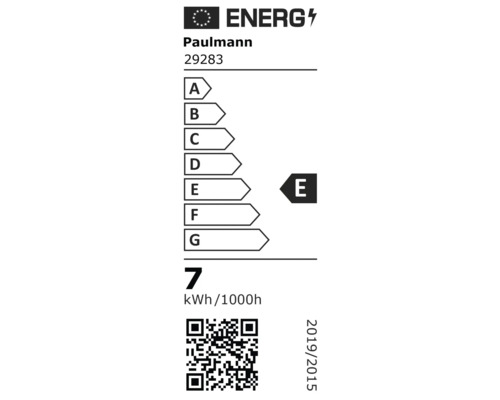 EU-energimärkning för Paulmann 29283, energieffektivitetsklass E, energiförbrukning 7 kilowattimmar per 1000 timmar.