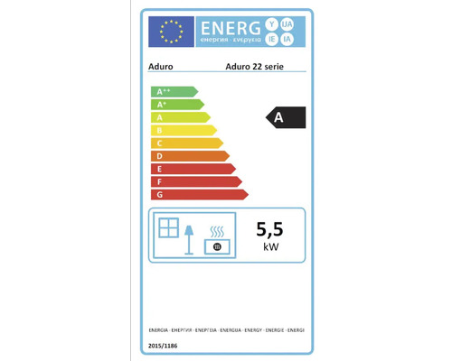 Energimärkning för Aduro 22-serien kamin med energieffektivitetsklass A och 5,5 kilowatt effekt
