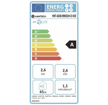EU-energimärkning för Hantech luftkonditionering HNT-A030-09KR2JH-O VDE, klass A, kyleffekt 2,6 kilowatt, ljudnivå 65 decibel.