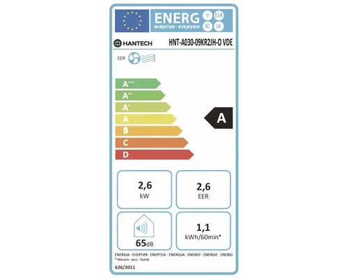 EU-energimärkning för Hantech luftkonditionering HNT-A030-09KR2JH-O VDE, klass A, kyleffekt 2,6 kilowatt, ljudnivå 65 decibel.