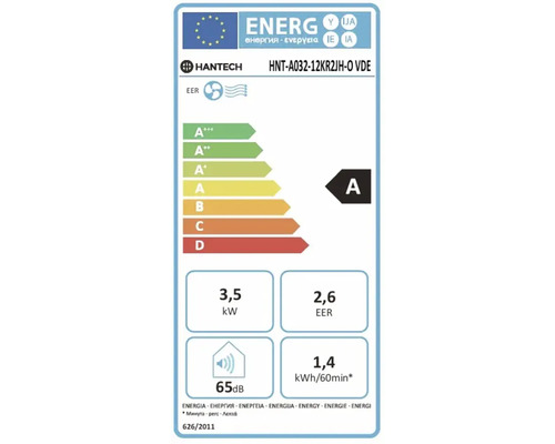 Hantech Logo, energimärkning, energieffektivitetsklass A, kyleffekt 3,5 kilowatt, energieffektivitetskvot 2,6, ljudnivå 65 decibel.