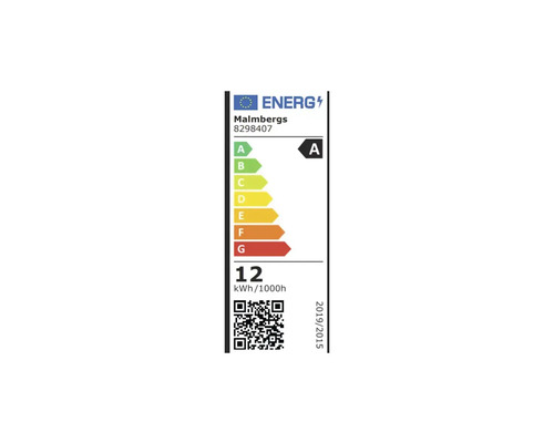 EU-energimärkning för Malmbergs 8298407, energieffektivitetsklass A, förbrukning 12 kilowattimmar per 1000 timmar.