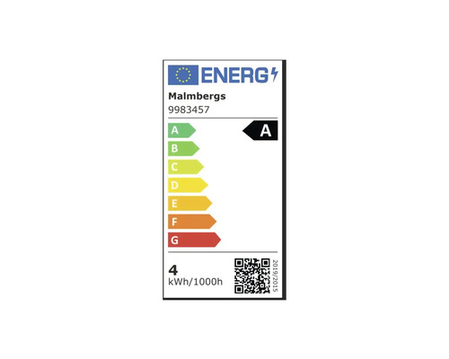 Europeisk energimärkning för Malmbergs 9983457, energieffektivitetsklass A, förbrukning 4 kilowattimmar per 1000 timmar.