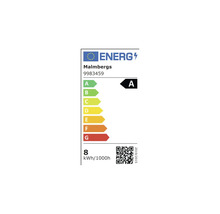 EU-energimärkning från Malmbergs för modell 9983459, energieffektivitetsklass A, energiförbrukning 8 kilowattimmar per 1000 timmar.
