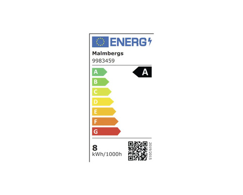 EU-energimärkning från Malmbergs för modell 9983459, energieffektivitetsklass A, energiförbrukning 8 kilowattimmar per 1000 timmar.