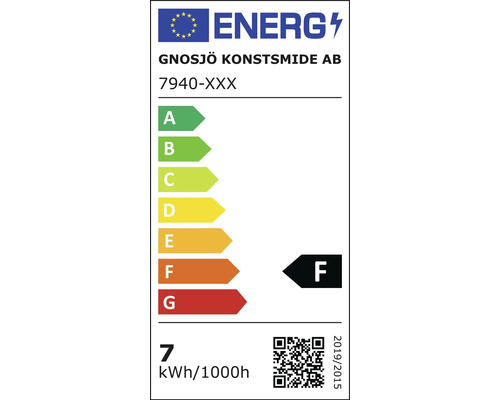 Energimärkning för Gnosjö Konstsmide modell 7940-XXX, energieffektivitetsklass F, förbrukning 7 kilowattimmar per 1000 timmar.
