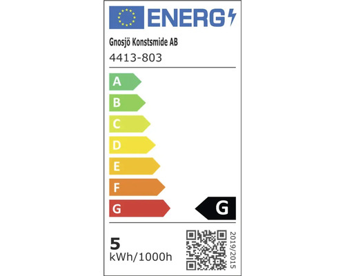 Energimärkning för Gnosjö Konstsmide Aktiebolag 4413-803, energieffektivitetsklass G, 5 kilowattimmar per 1000 timmar.