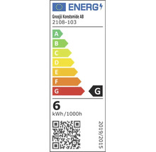 EU-energimärkning för Gnosjö Konstsmide AB 2108-103, energieffektivitetsklass G, energiförbrukning 6 kilowattimmar per 1000 timmar.