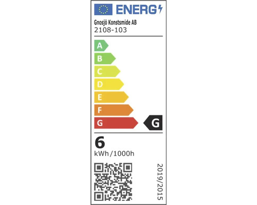 EU-energimärkning för Gnosjö Konstsmide AB 2108-103, energieffektivitetsklass G, energiförbrukning 6 kilowattimmar per 1000 timmar.