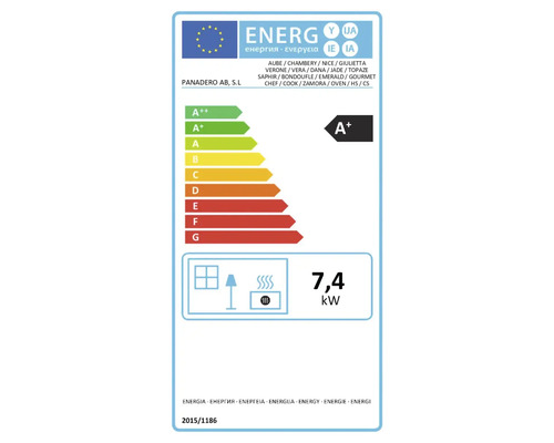 EU-energimärkning för Panadero kaminer med energieffektivitetsklass A plus och en effekt på 7,4 kilowatt.