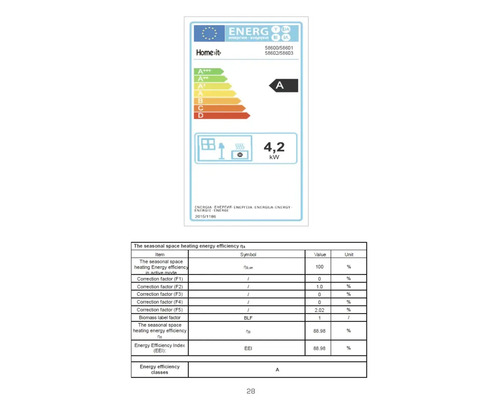Europeisk energimärkning för Homeit värmeapparater, klass A, 4,2 kilowatt och energieffektivitetsindex på 88,98 procent.