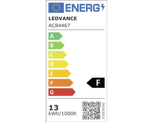 Europeisk energimärkning för Ledvance AC84467, energieffektivitetsklass F, energiförbrukning 13 kilowattimmar per tusen timmar.
