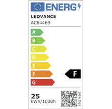 Europeiska unionens energimärkning för LEDVANCE AC84469, klass F på skalan A till G, förbrukning 25 kilowattimmar per 1000 timmar.