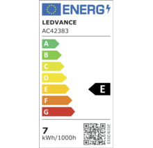 Europeisk energimärkning för Ledvance AC42383, energieffektivitetsklass E, energiförbrukning 7 kilowattimmar per 1000 timmar.