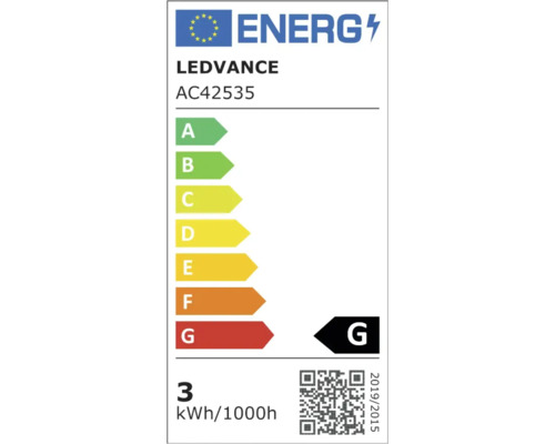 Europeisk energimärkning för Ledvance AC42535, energieffektivitetsklass G, energiförbrukning 3 kilowattimmar per 1000 timmar.