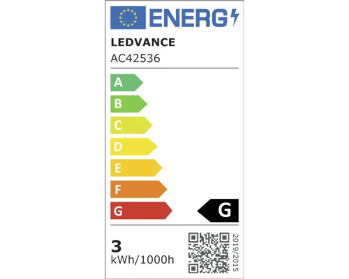 EU-energimärkning för Ledvance modell AC42536, energieffektivitetsklass G, energiförbrukning 3 kilowattimmar per 1000 timmar.
