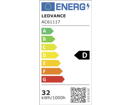 Europeisk energimärkning för LEDVANCE AC61117, energieffektivitetsklass D, 32 kilowattimmar per 1000 timmar.