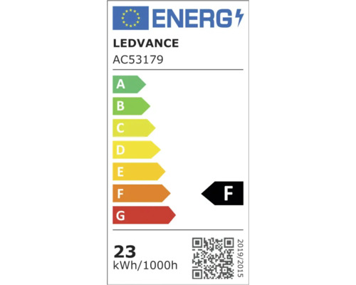 Europeiska unionens energimärkning för Ledvance AC53179, energiklass F, energiförbrukning 23 kilowattimmar per tusen timmar.