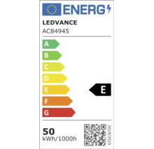 Europeisk energimärkning för Ledvance AC84945, energieffektivitetsklass E, 50 kilowattimmar per 1000 timmar.