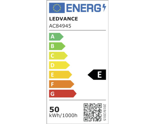 Europeisk energimärkning för Ledvance AC84945, energieffektivitetsklass E, 50 kilowattimmar per 1000 timmar.
