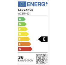 Europeisk energimärkning för Ledvance modell AC85403, energieffektivitetsklass E på en skala från A till G, 36 kilowattimmar per 1000 timmar.
