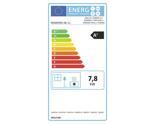 EU-energimärkning för Panadero-kaminer med energieffektivitetsklass A plus och en värmeeffekt på 7,8 kilowatt.