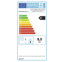Energimärkning för Panadero kaminer med energieffektivitetsklass A plus och en värmeeffekt på 8,0 kilowatt.